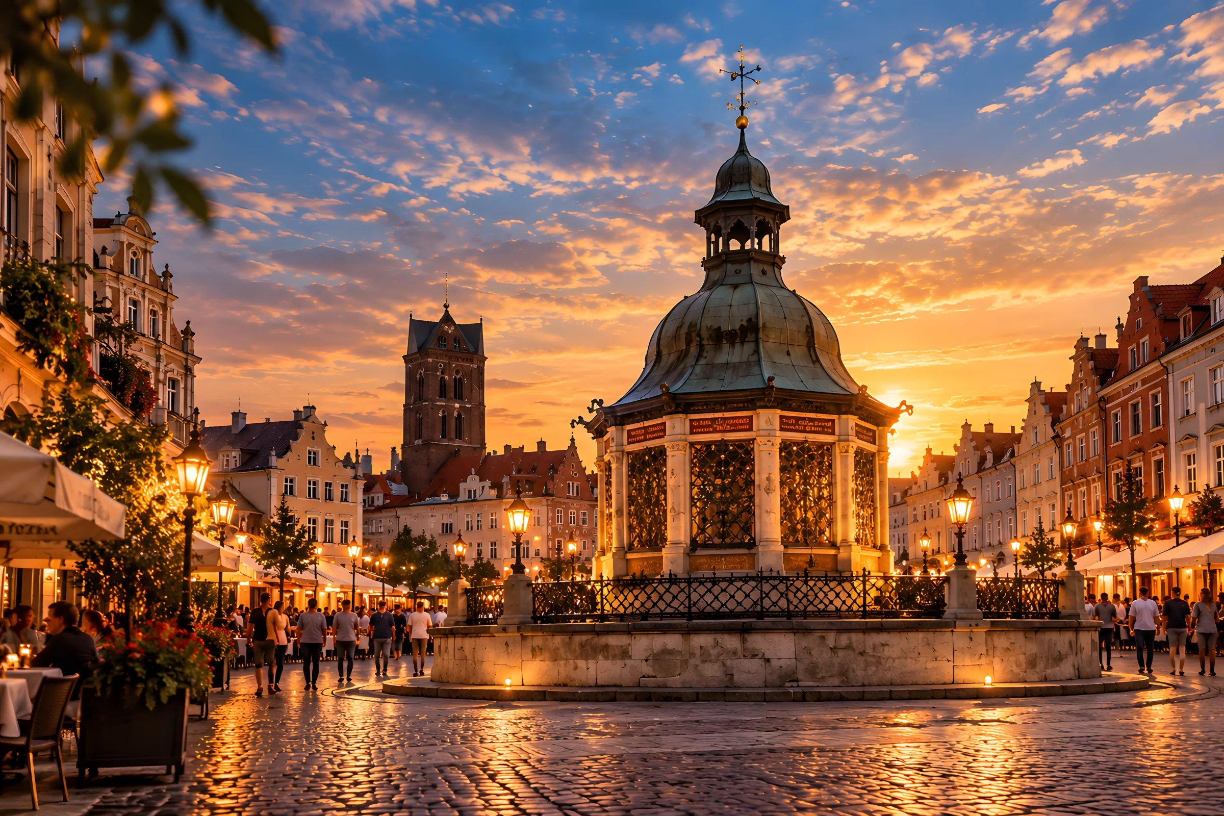 Die Wasserkunst auf dem historischen Wismarer Marktplatz im Abendlicht